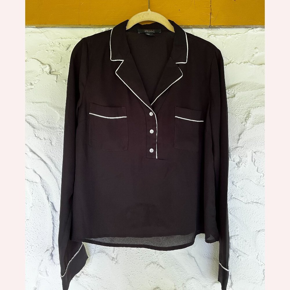 Forever 21 Contemporary - Piped-Trim Long Sleeve Blouse - Black & White - Medium